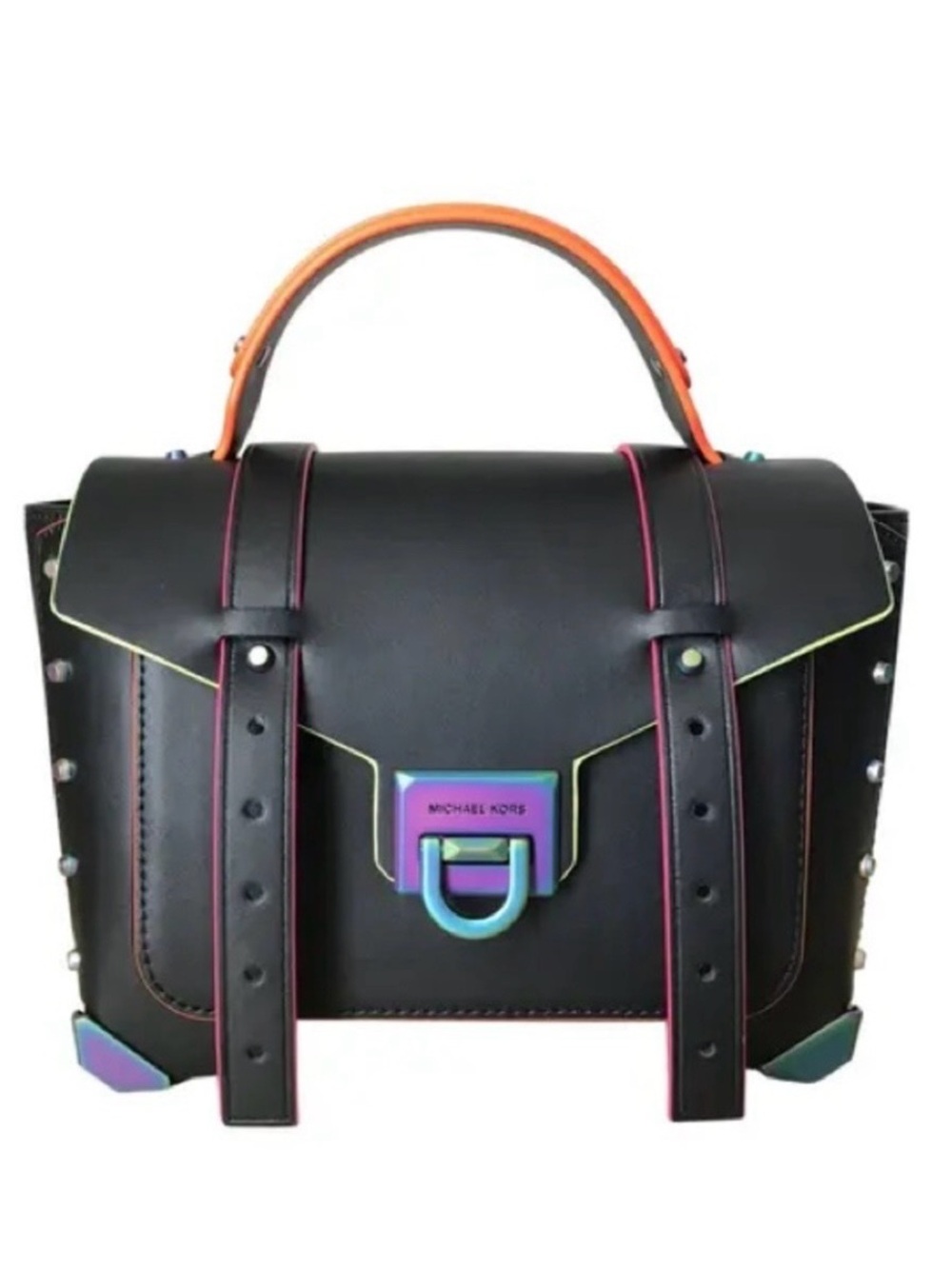 MICHAEL KORS Manhattan Medium Contrast-Trim Leather Satchel Black Neon